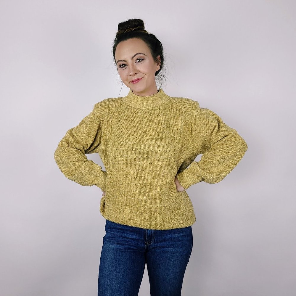 Vintage Gold Metallic Mock Neck Knit  Sweater